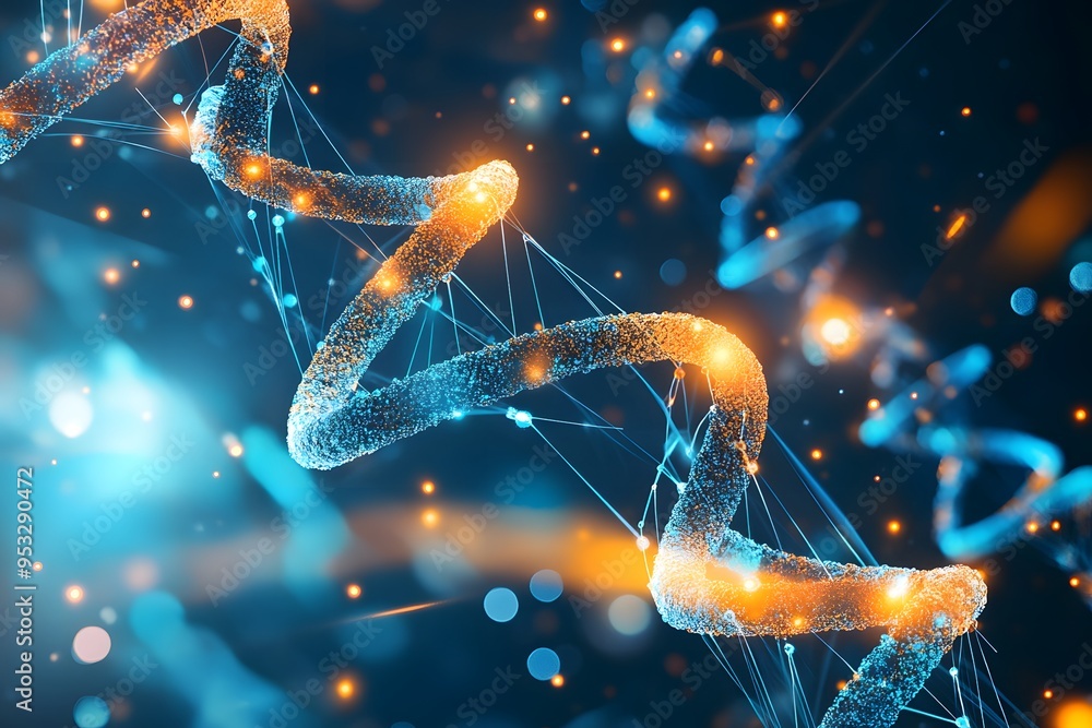 Poster abstract dna helix with glowing particles.