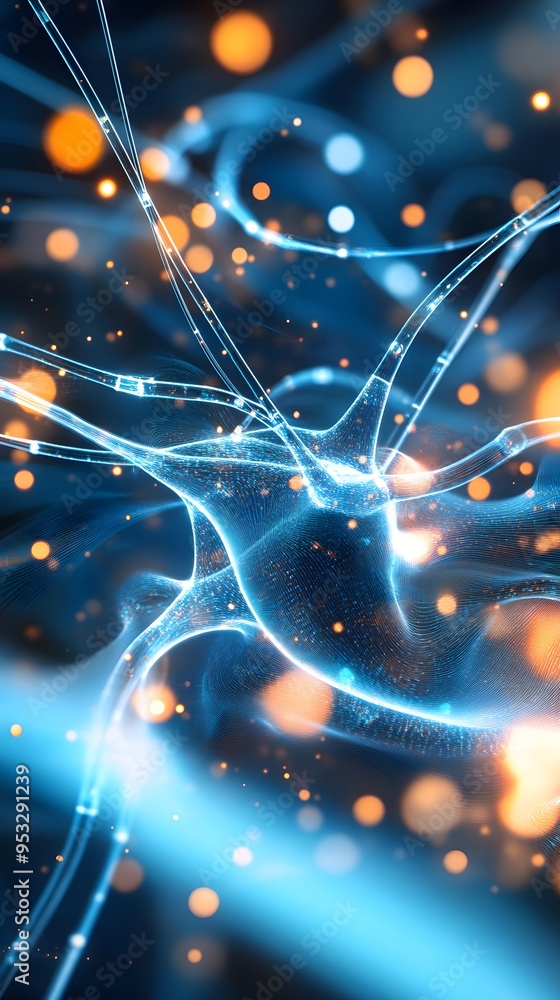 Poster abstract neuron network with glowing bokeh lights.