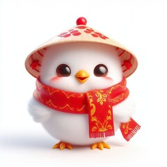 cute 3d fluffy chicken character with red vietnamese style scarf, white background