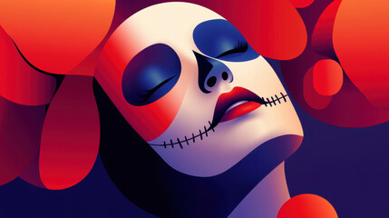 Modern illustration of a woman with Dia de los Muertos makeup, vibrant colors in blue and red tones. Concept of mexican cultural celebration and beauty
