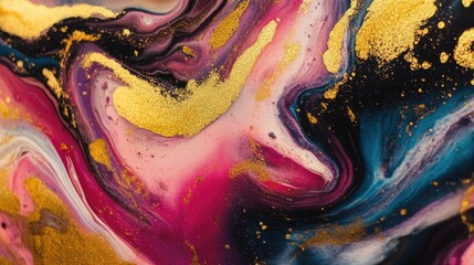 Abstract painting with gold glitter and pink, black, and blue swirls.