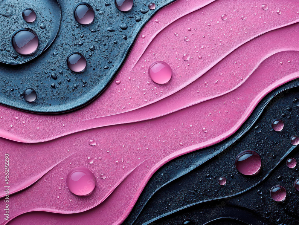 Canvas Prints An abstract image featuring wavy pink and black layers with water droplets, creating a modern and dynamic texture with strong contrast and a glossy, fluid appearance.