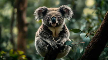 Close-up portrait of a koala sitting on a tree branch, looking directly at the camera.