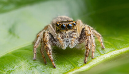 Jumping spider on green leaf. Small insect. Ecology and environment concept. Close-up.