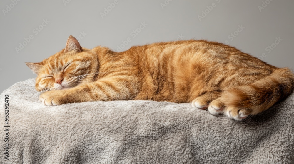 Poster side view of a fat cat sleeping on a plush blanket, showing its rounded body and relaxed posture, se