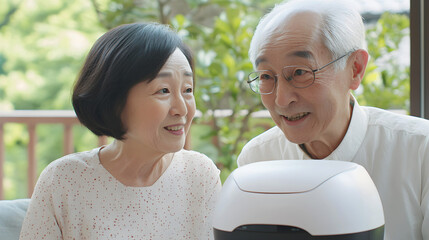 Senior Asian couple smiling and looking at a home appliance with curiosity, surrounded by greenery in a cozy home environment
