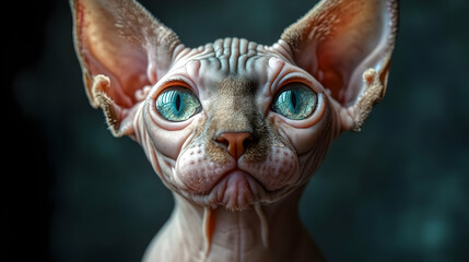 Fototapeta premium Close-up portrait of a Sphynx cat with bright blue eyes.