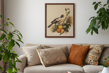 Cozy living room with a beige sofa adorned with textured and patterned pillows. A framed art piece depicting a bird and a woman hangs on the wall. A potted plant and book add to the serene atmosphere.