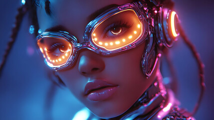 Close-up portrait of a woman wearing futuristic goggles with glowing lights.