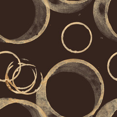 Abstract coffee and tea stain seamless pattern on dark brown background