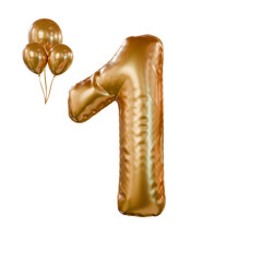 1 Golden number helium balloons isolated background. Realistic foil and latex balloons.