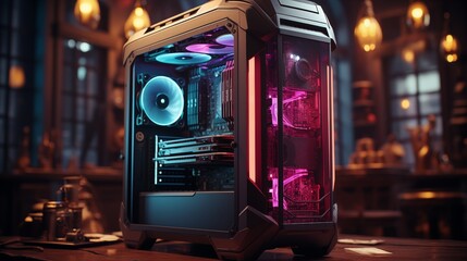 A gaming computer with RGB LED lighting in dark background.
