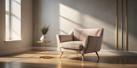 soft dawn light illuminates plush velvet armchair with golden legs amidst minimalist decor in serene Scandinavian-inspired bedroom with subtle morning shadows