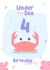Fototapeta premium Sea adventure fourth birthday party card. Charming marine life invitation with a red crab and pink corals in light tones.