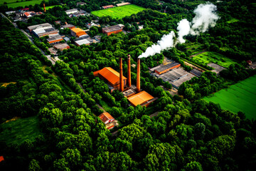 Aerial view of a sprawling industrial zone with factories, warehouses, and smokestacks, surrounded by infrastructure, industrial zone area, urban development