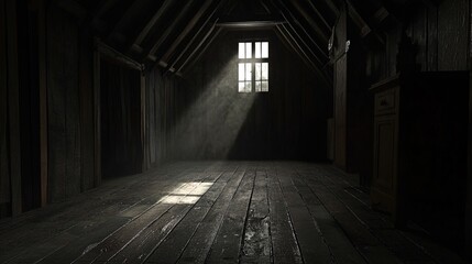 A dimly lit attic with wooden floorboards and walls, casting an eerie ambiance. A single window at the far end allows a few rays of sunlight to penetrate, slightly illuminating the dusty air and creat