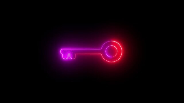 Glowing neon line Key icon isolated on black background. Hyperrealist animated Neon key in trendy stylish colors, Futuristic technology key glowing animation video