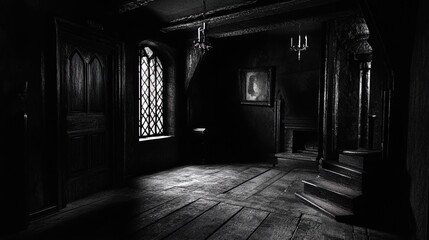 A dimly lit interior of an old, possibly gothic, house features wooden floors and walls, a large wooden door on the left, and a lattice window allowing faint light to enter. The ornate window has a di