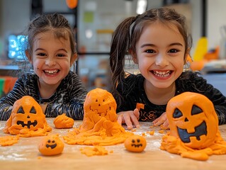 Fototapeta premium Kids Playing with Orange Playdough and Making Jack o Lantern Shapes