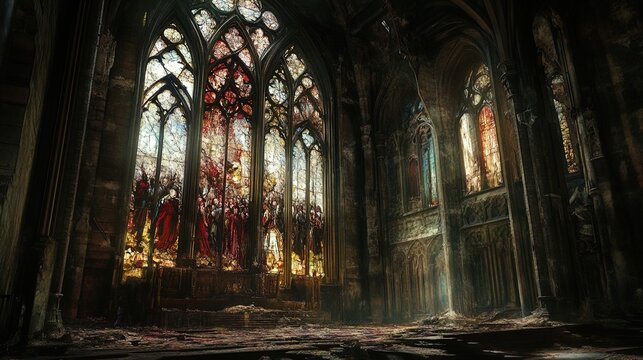 The image depicts the interior of an aged gothic cathedral with stunning, large stained glass windows showcasing intricate designs with primarily red and blue hues. The towering windows allow streams 