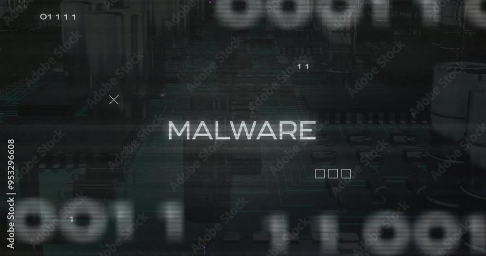 Poster malware text animation over digital data and binary coding background