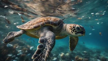 Obraz premium An underwater shot of a sea turtle swimming amidst tangled debris, with plastic and other waste mate