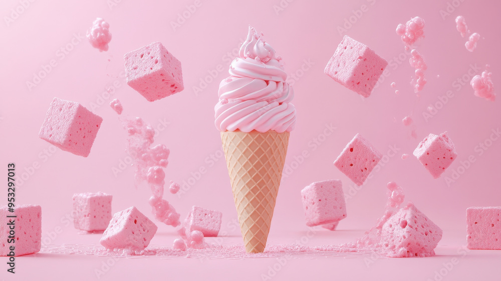Aufkleber pink cone shapes, a lively pink cone with floating cubes creates a fun and dynamic scene against a s