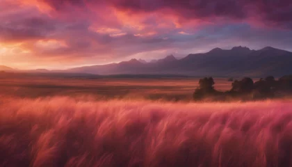 Fototapete A breathtaking landscape shot of a vast field bathed in the golden light of a setting sun. The sky i © vanAmsen