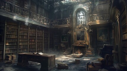 The image portrays an opulent, historical library filled with tall, dark wooden bookshelves that stretch up to a high, ornate ceiling. The library appears to be aged and slightly neglected, with dust 