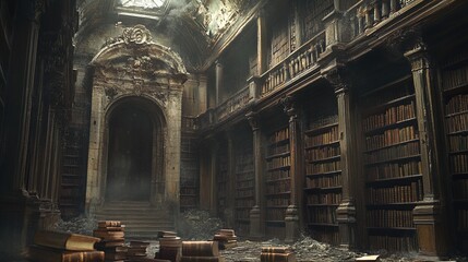 The image depicts an abandoned, grand library with a high, arched ceiling that appears partly damaged, allowing dim light to seep through cracks and patches in the structure. The library is filled wit