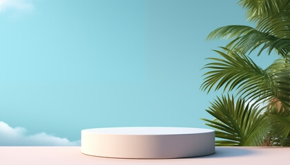 Obraz premium White Round Podium with Palm Leaves and Blue Sky Background