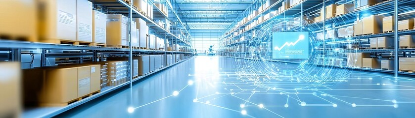 A futuristic warehouse with AI and machine learning managing inventory, supported by robotic systems and integrated analytics for optimized storage solutions