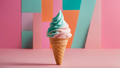 A brightly lit image of a classic soft-serve ice cream cone, with a perfectly swirled vanilla top. T