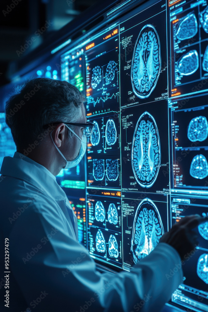 Aufkleber brain scan analysis, a medical professional reviews a brain scan displayed on a large digital screen