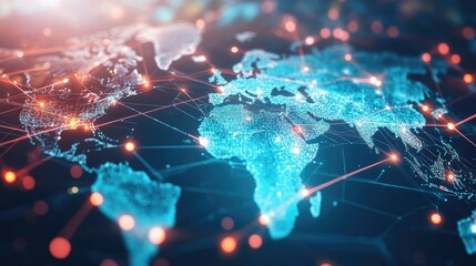 Obraz premium A digital global network background featuring a world map and luminous connections, highlighting the international reach of modern networks.