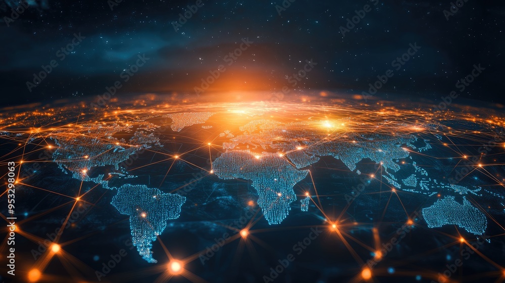 Poster a futuristic global network background with a world map and glowing connections, symbolizing the int