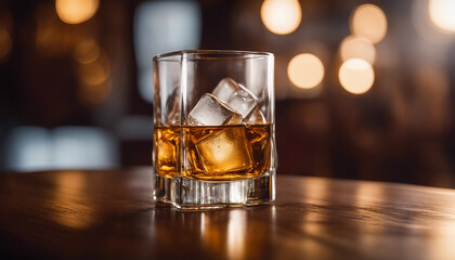 A close-up of a luxurious glass of whiskey, filled with large, perfectly clear ice cubes. The glass