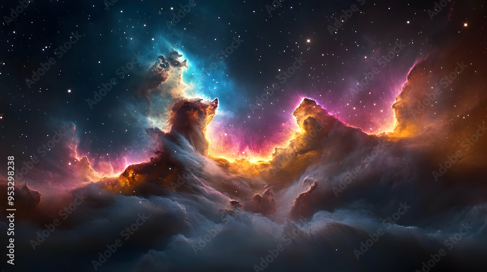 Poster cosmic clouds of gas and dust illuminated by starlight in a deep space nebula.