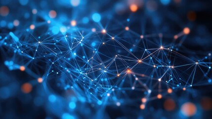 A futuristic technology network background with a complex web of connections and glowing points, representing data flow and connectivity.