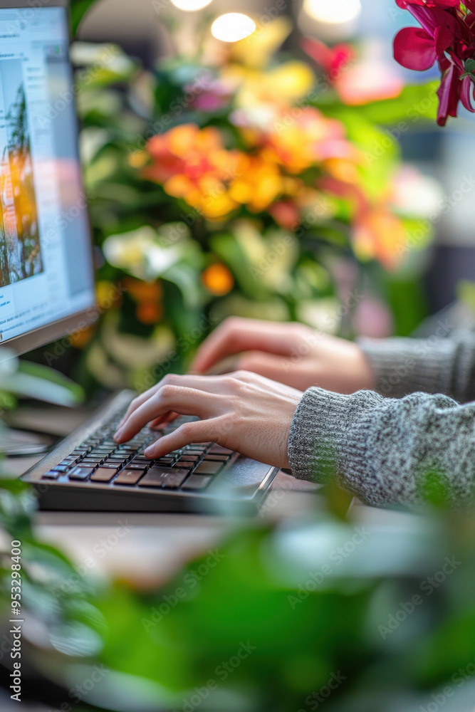 Poster creative workspace, a person typing on a computer in a colorful setting, representing creativity and