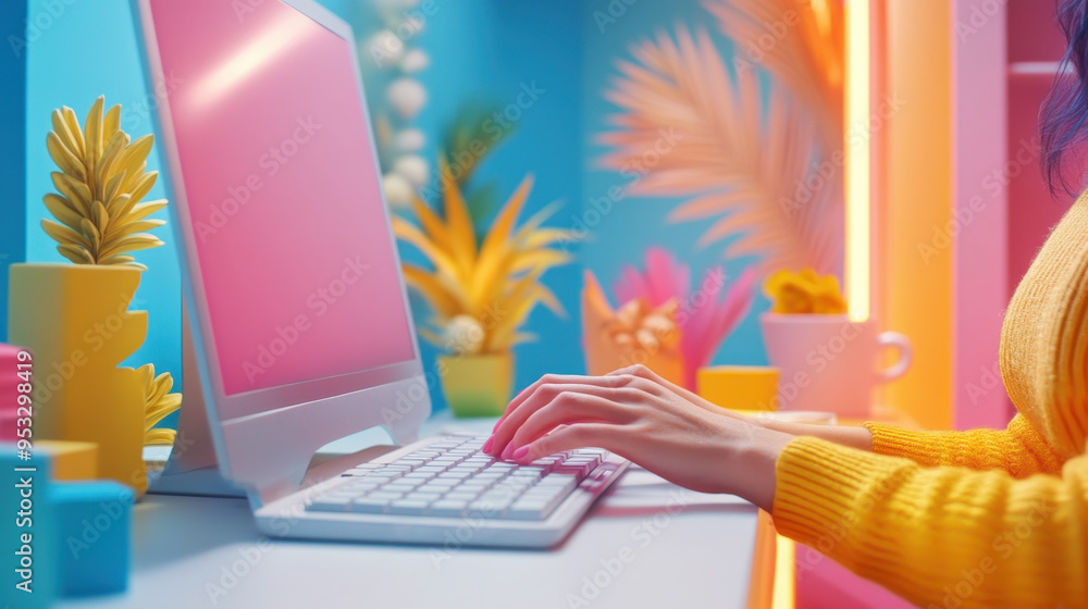 Poster creative workspace, a person typing on a computer in a colorful setting, representing creativity and