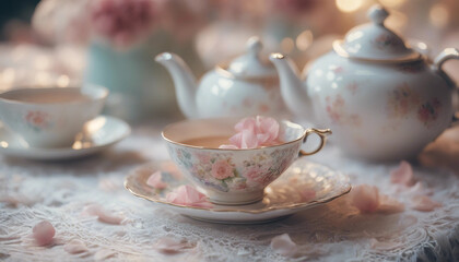 Fototapeta premium A close-up of an elegant tea set placed on a vintage lace tablecloth. The tea cups and teapot are de