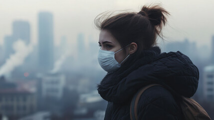 Fototapeta premium Masked Urbanite, A person with a mask stands in a city filled with smog, illustrating the serious issue of air pollution in urban areas