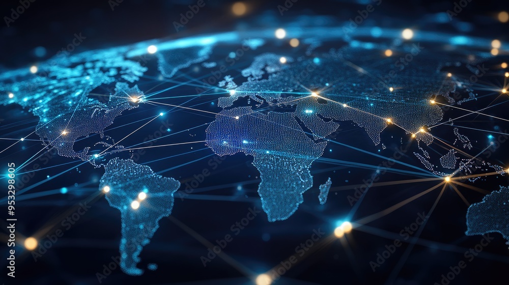 Poster a global network background showing a world map with luminous nodes and lines, illustrating the comp