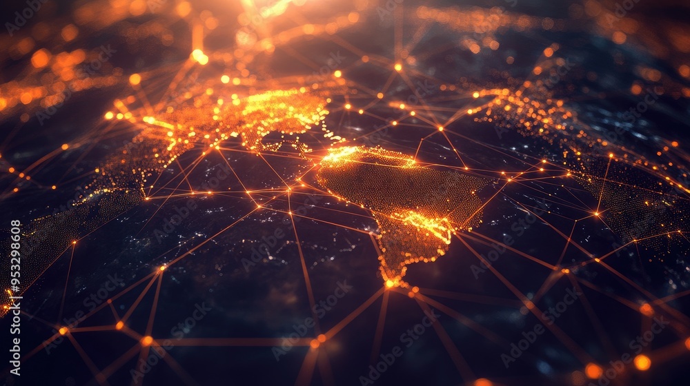 Poster a global network background showing a world map with luminous nodes and lines, illustrating the comp