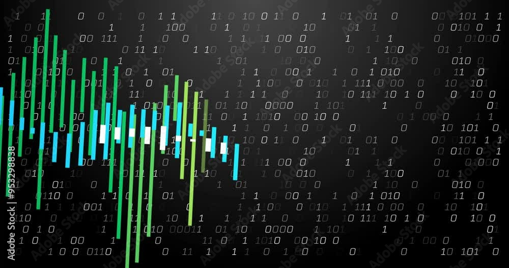 Poster binary code and bar graph animation representing data analysis