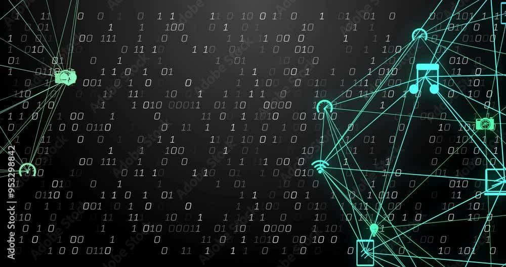 Aufkleber binary code and network connections animation over dark background