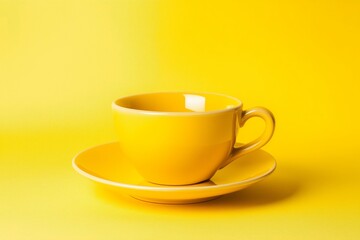 Obraz premium Vibrant yellow coffee cup with matching saucer on a bright yellow background, creating a monochromatic and cheerful setup.