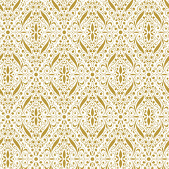 Damask seamless pattern. Golden and white texture. Vector illustration. Wrapping paper, textiles. Nice background