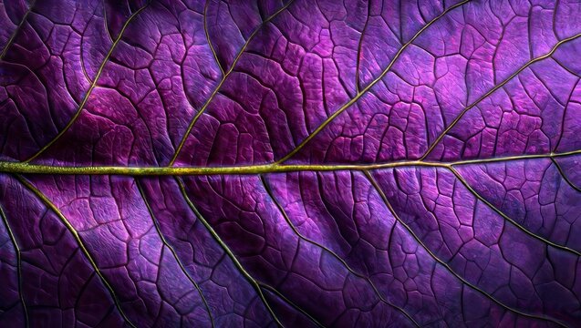 Purple leaf veins. Close-up of a vibrant purple leaf with intricate, detailed vein patterns, highlighting its natural beauty.